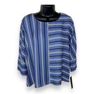 NEW Small BCX  Blue White Striped Blouse Roomy Fit NWT  Round Neckline